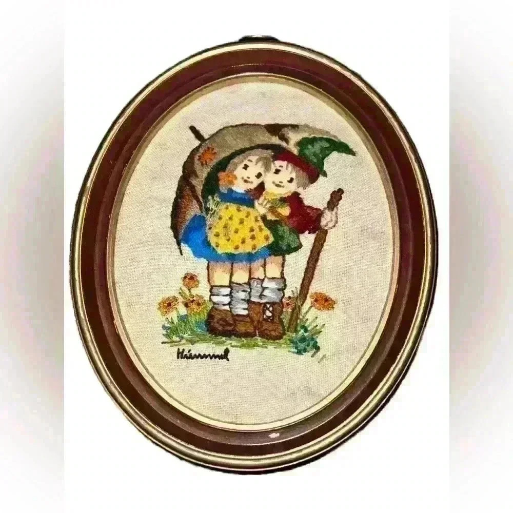 Vtg Hummel Hand Stitched and Framed Boy & Girl Under Umbrella”Embroidered Crewel